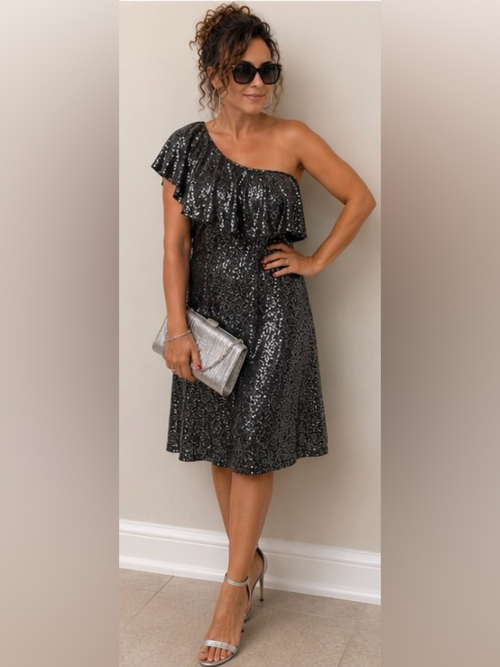 NWT Kensie One Shoulder Sequin Ruffle Midi Cocktail Dress XL